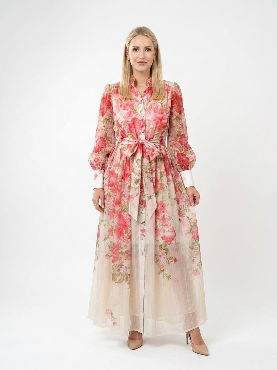 Zayé Women's Border Floral Sheer Maxi Dress | Band Collar Bishop Sleeve Tie Waist Button Front