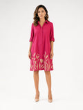 Zayé Women's Tulip Border Print Shirt Dress | Full Button Front Point Collar Three Quarter Sleeve