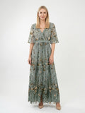Zayé Women's Embroidered Mesh Maxi Dress | Wrap V-Neck Cape Sleeve Ribbon Belt A-Line Skirt