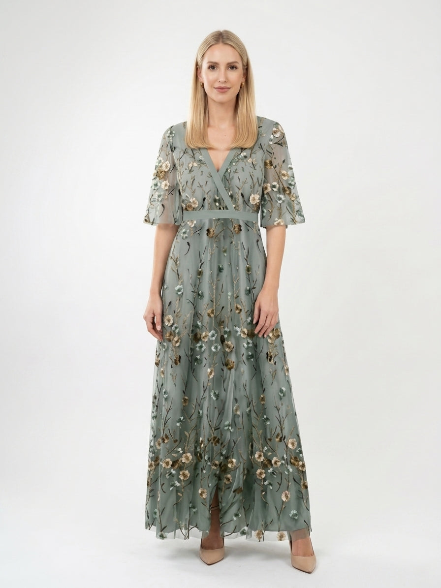 Zayé Women's Embroidered Mesh Maxi Dress | Wrap V-Neck Cape Sleeve Ribbon Belt A-Line Skirt