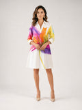 Zayé Women's Painted Bloom Shirt Dress | Full Button Front Point Collar Three Quarter Sleeve