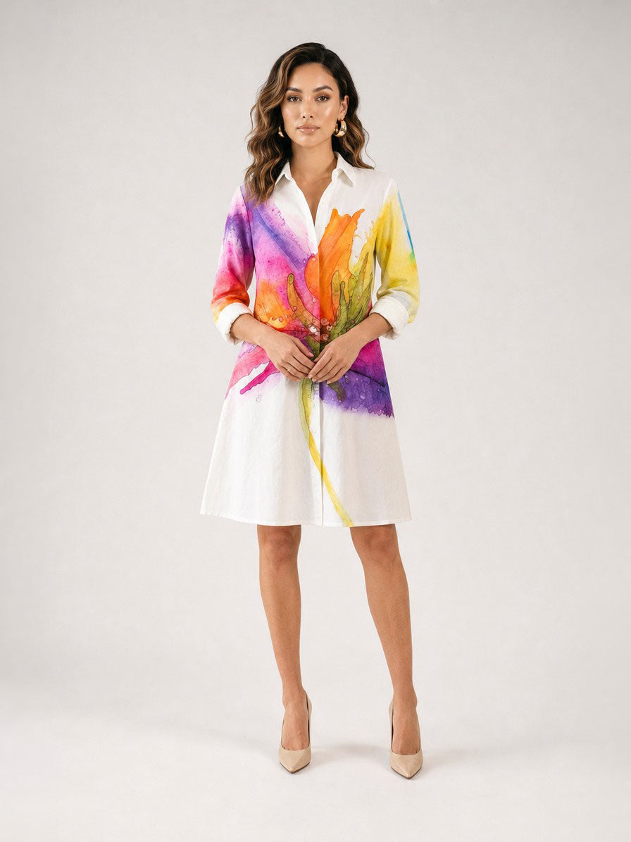 Zayé Women's Painted Bloom Shirt Dress | Full Button Front Point Collar Three Quarter Sleeve