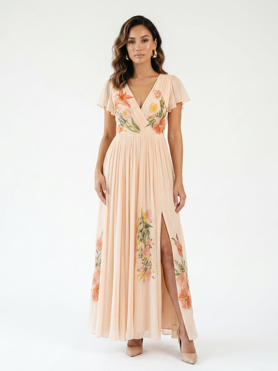 Zayé Women's Placed Floral Pleated Maxi Dress | Wrap V-Neck Flutter Sleeve Chiffon