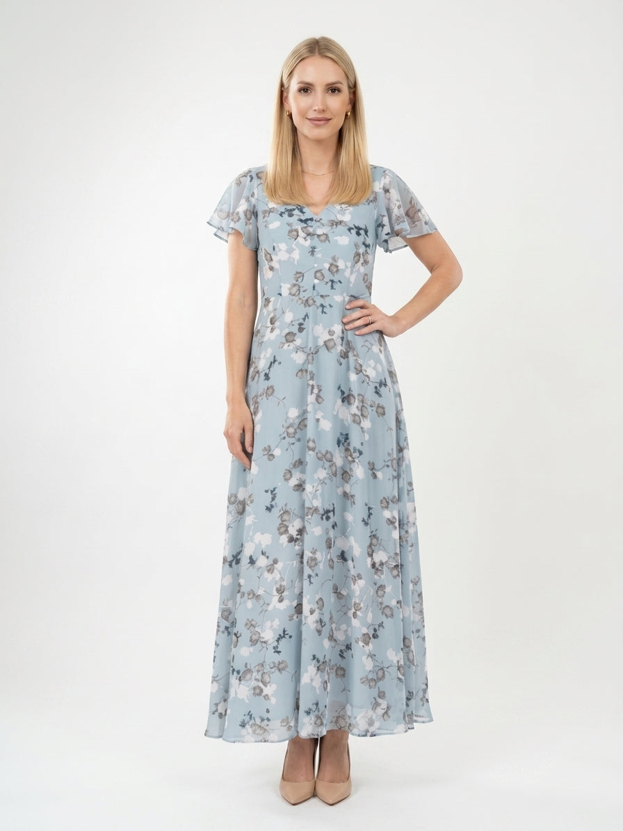 Zayé Women's Vintage Floral Chiffon Maxi Dress | V-Neck Flutter Sleeve Full A-Line Skirt