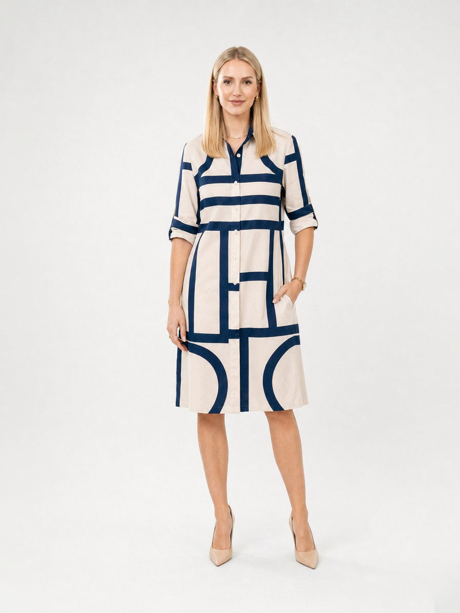 Zayé Women's Arch Geometric Print Shirt Dress | Full Button Front Point Collar Three Quarter Sleeve