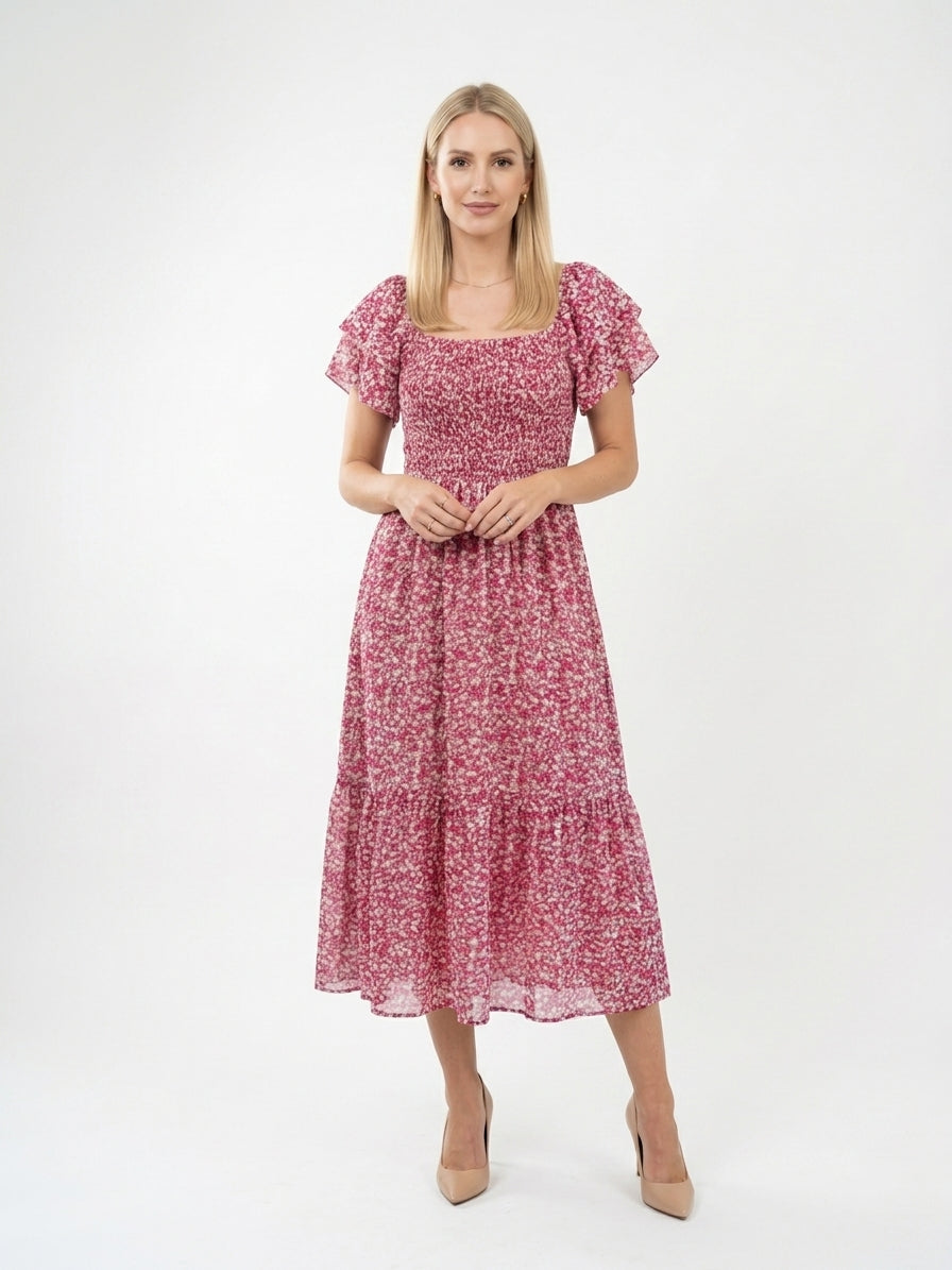 Zayé Women's Ditsy Floral Midi Dress | Square Neck Smocked Bodice Flutter Sleeve