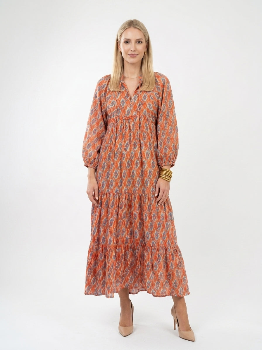 Zayé Women's Paisley Print Midi Dress | V-Neck Balloon Sleeve Tiered Skirt | Burnt Orange