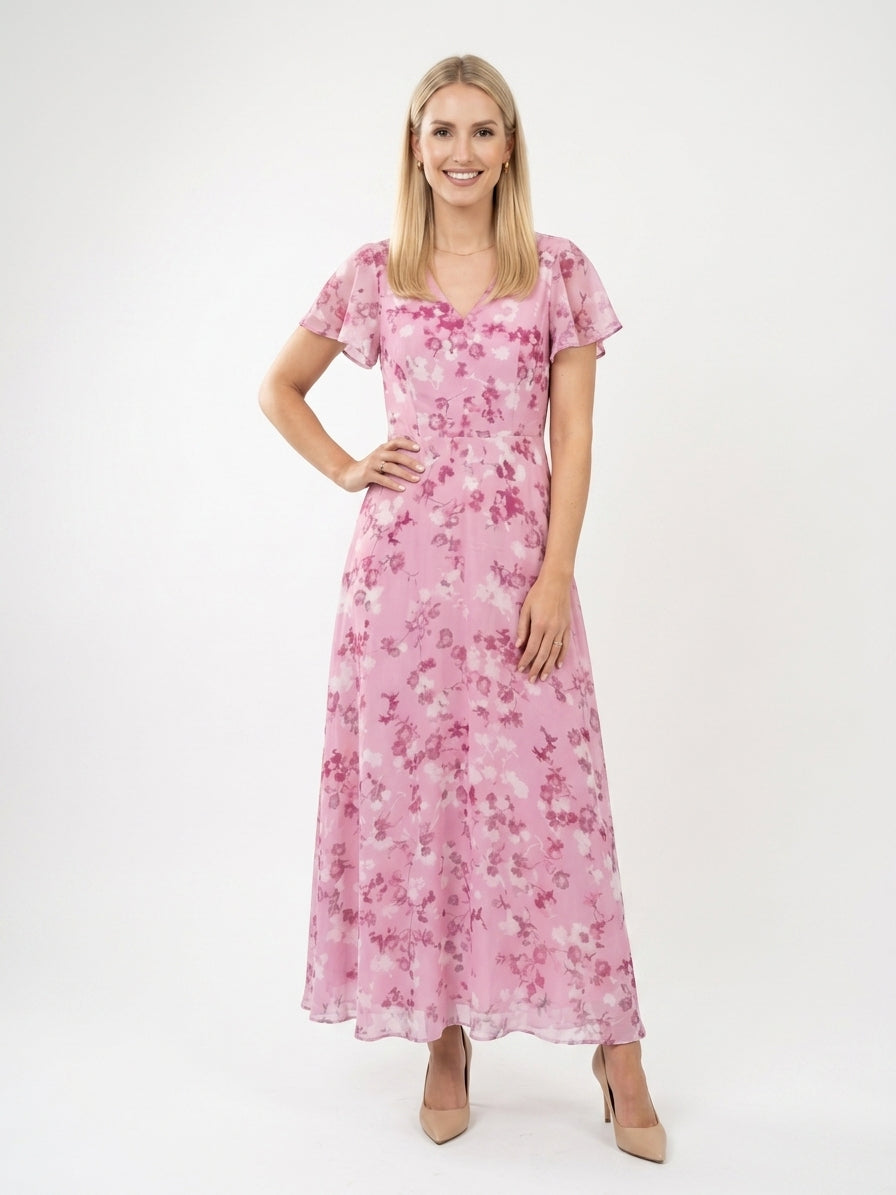 Zayé Women's Vintage Floral Chiffon Maxi Dress | V-Neck Flutter Sleeve Full A-Line Skirt