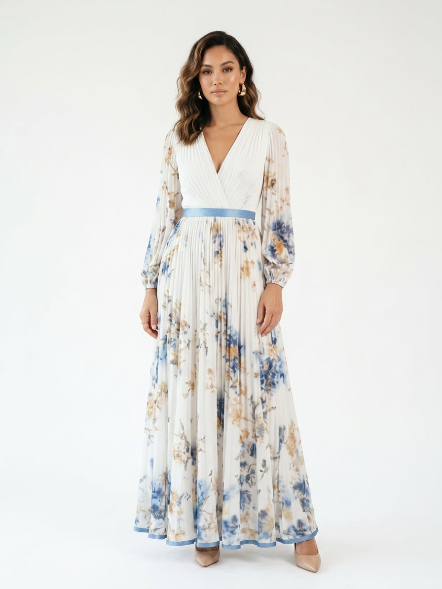 Zayé Women's Floral Accordion Pleat Maxi Dress | Wrap V-Neck Bishop Sleeve Contrast Blue Belt