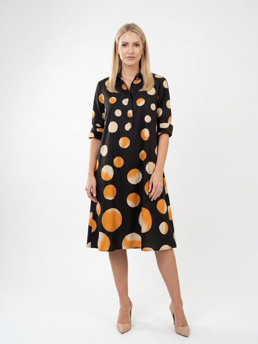 Zayé Women's Gradient Polka Dot Shirt Dress | Point Collar Three Quarter Sleeve A-Line