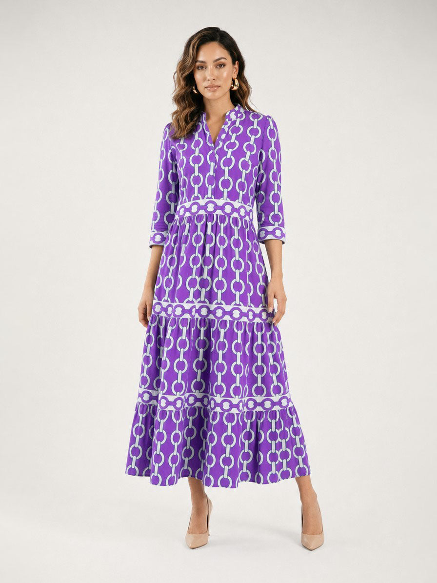Zayé Women's Chain Pattern Midi Dress | V-Neck Three Quarter Sleeve Tiered Skirt