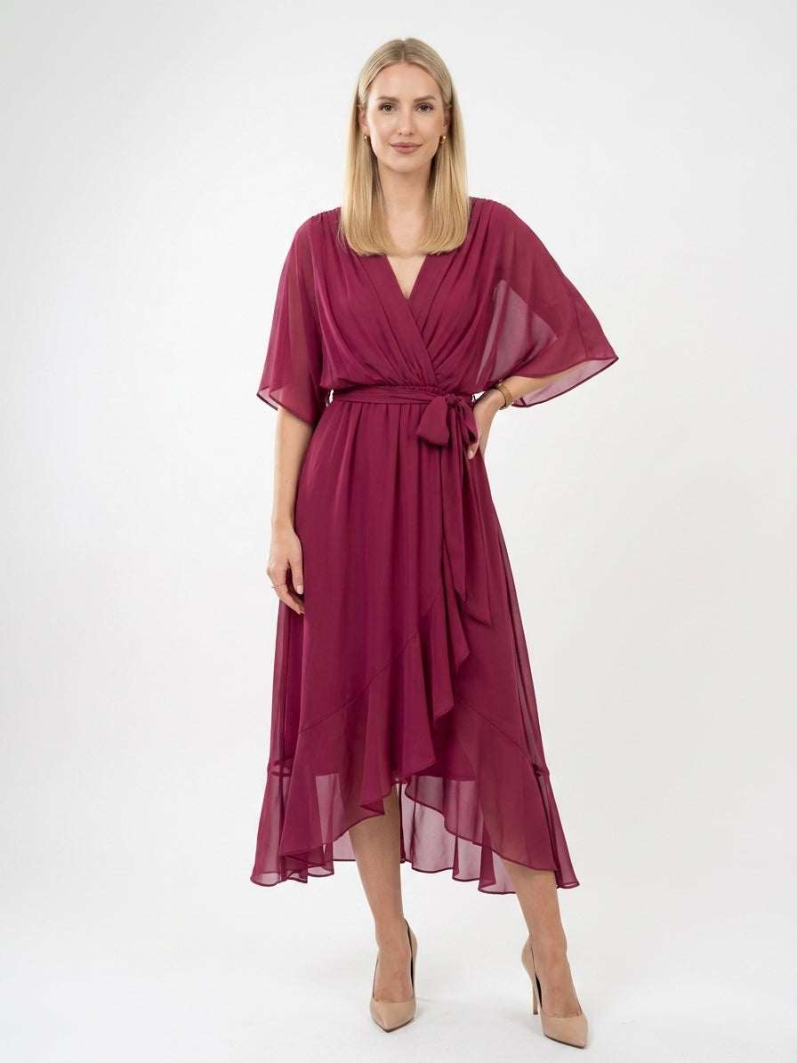 Zayé Women's Chiffon Midi Dress | Deep V-Neck Angel Sleeve Tie Waist Handkerchief Hem