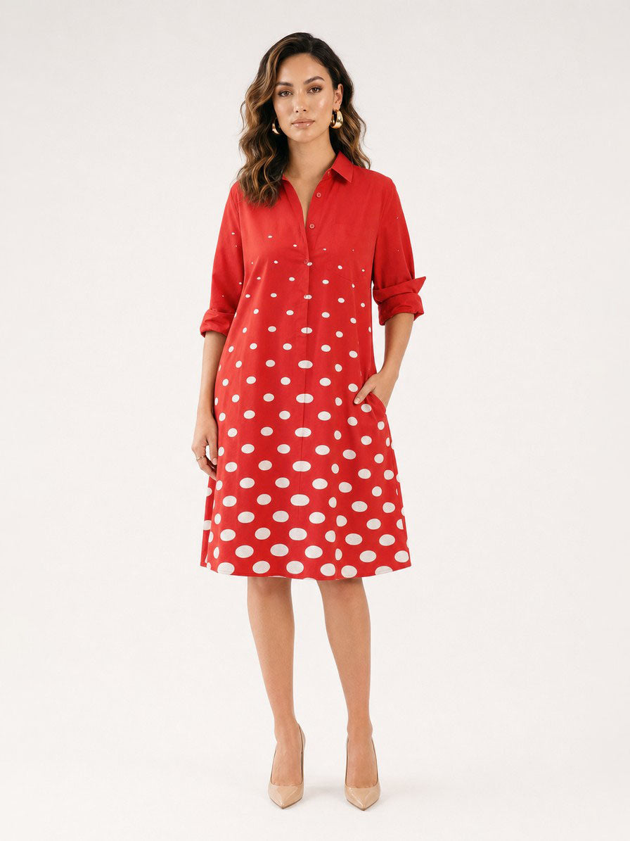 Zayé Women's Graduating Polka Dot Shirt Dress | Point Collar Three Quarter Sleeve Breast Pocket
