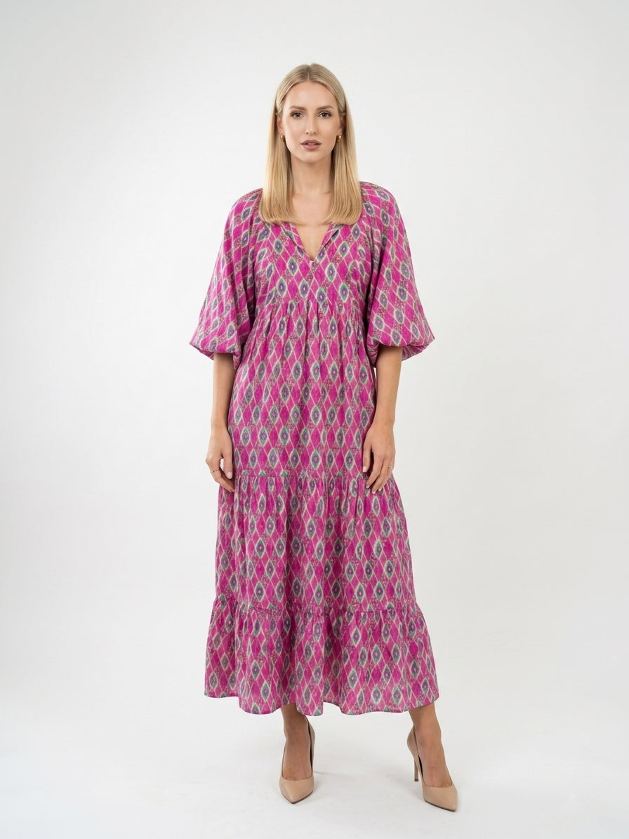 Zayé Women's Geometric Print Midi Dress | V-Neck Batwing Sleeve Tiered Skirt