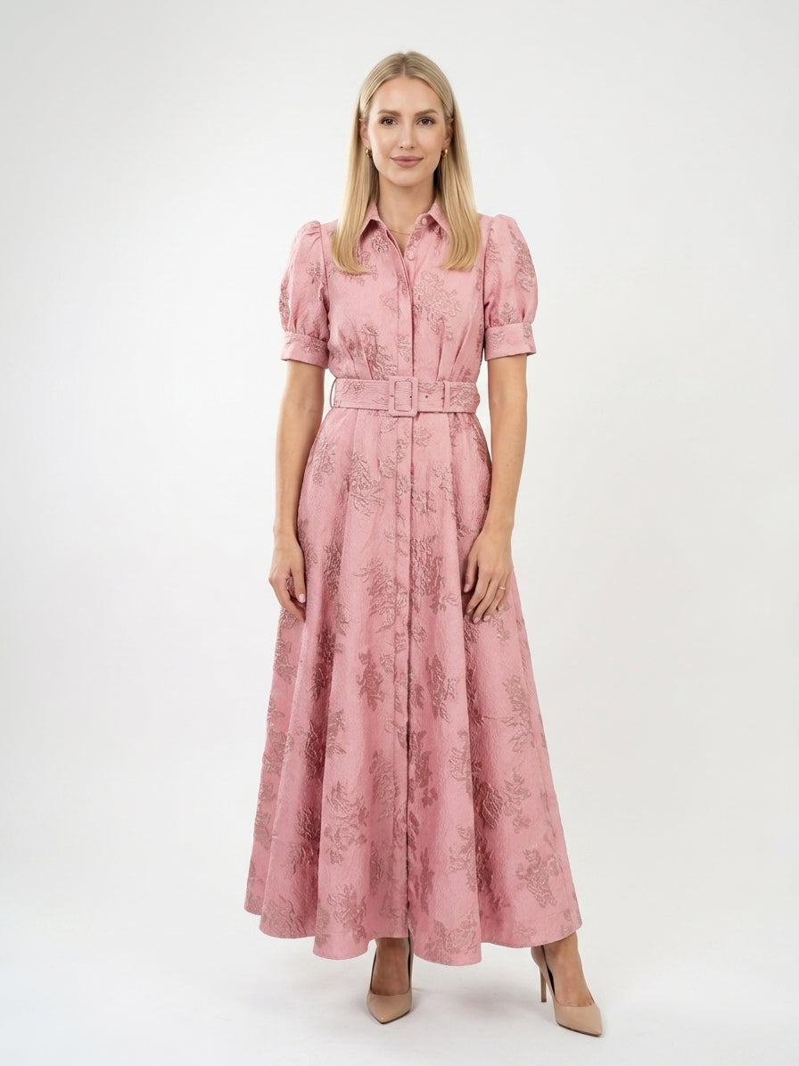 Zayé Women's Jacquard Maxi Dress | Point Collar Puff Sleeve Self-Belt A-Line Skirt
