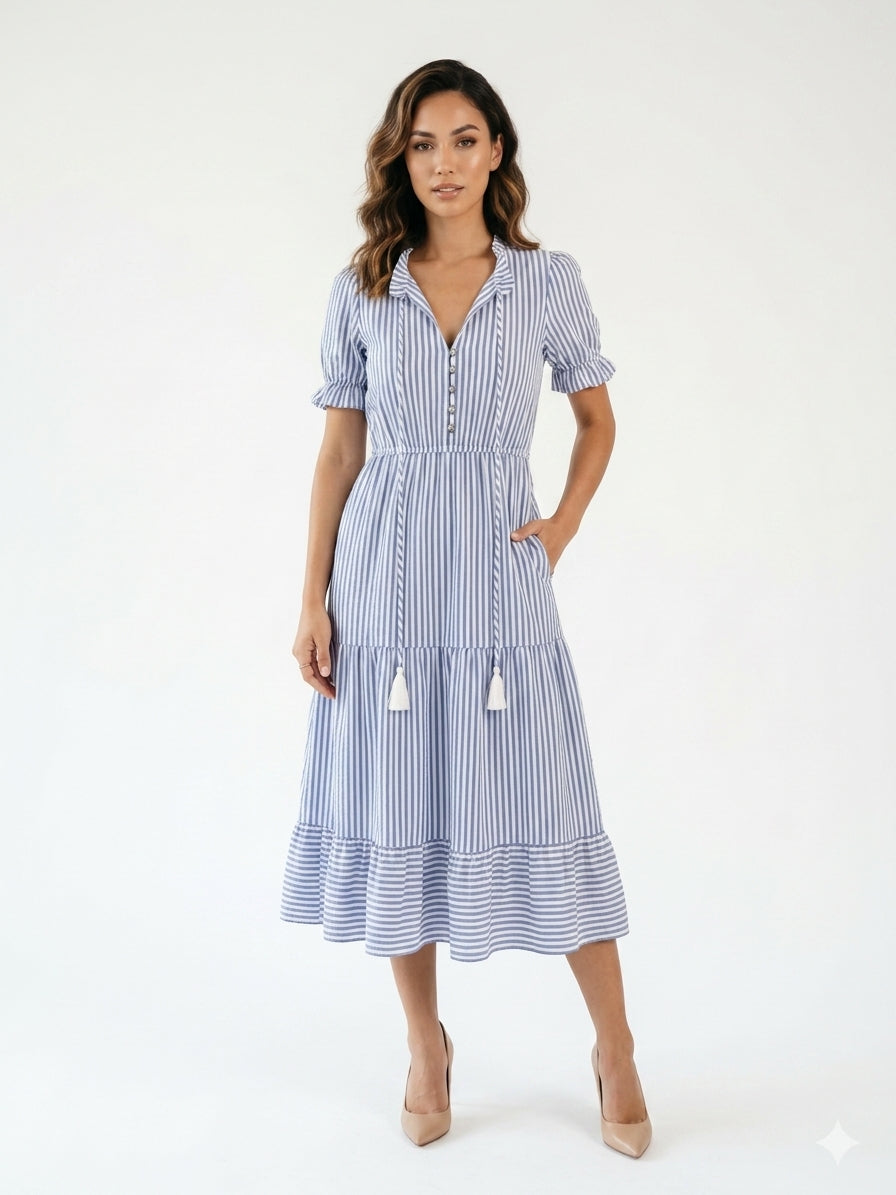 Zayé Women's Stripe Midi Dress | Shirt Collar Puff Sleeve Tassel Detail Tiered Skirt | Blue White