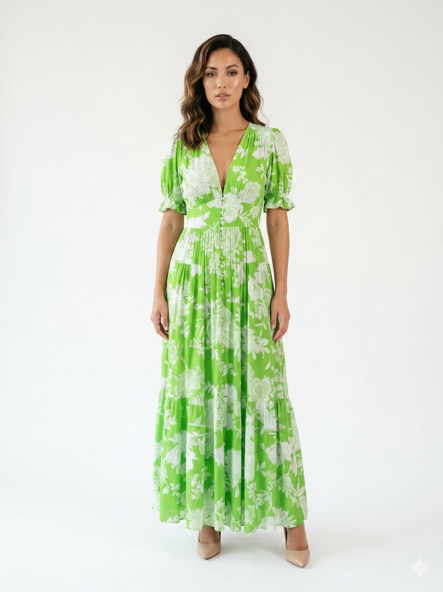 Zayé Women's Floral Midi Dress | V-Neck Short Flutter Sleeve Gathered Waist
