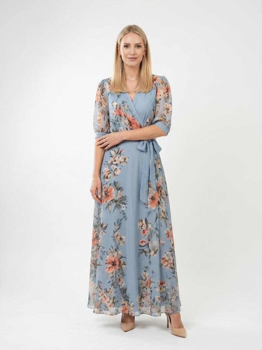 Zayé Women's Romantic Floral Chiffon Maxi Dress | Wrap V-Neck Collar Three Quarter Sleeve Tie Waist