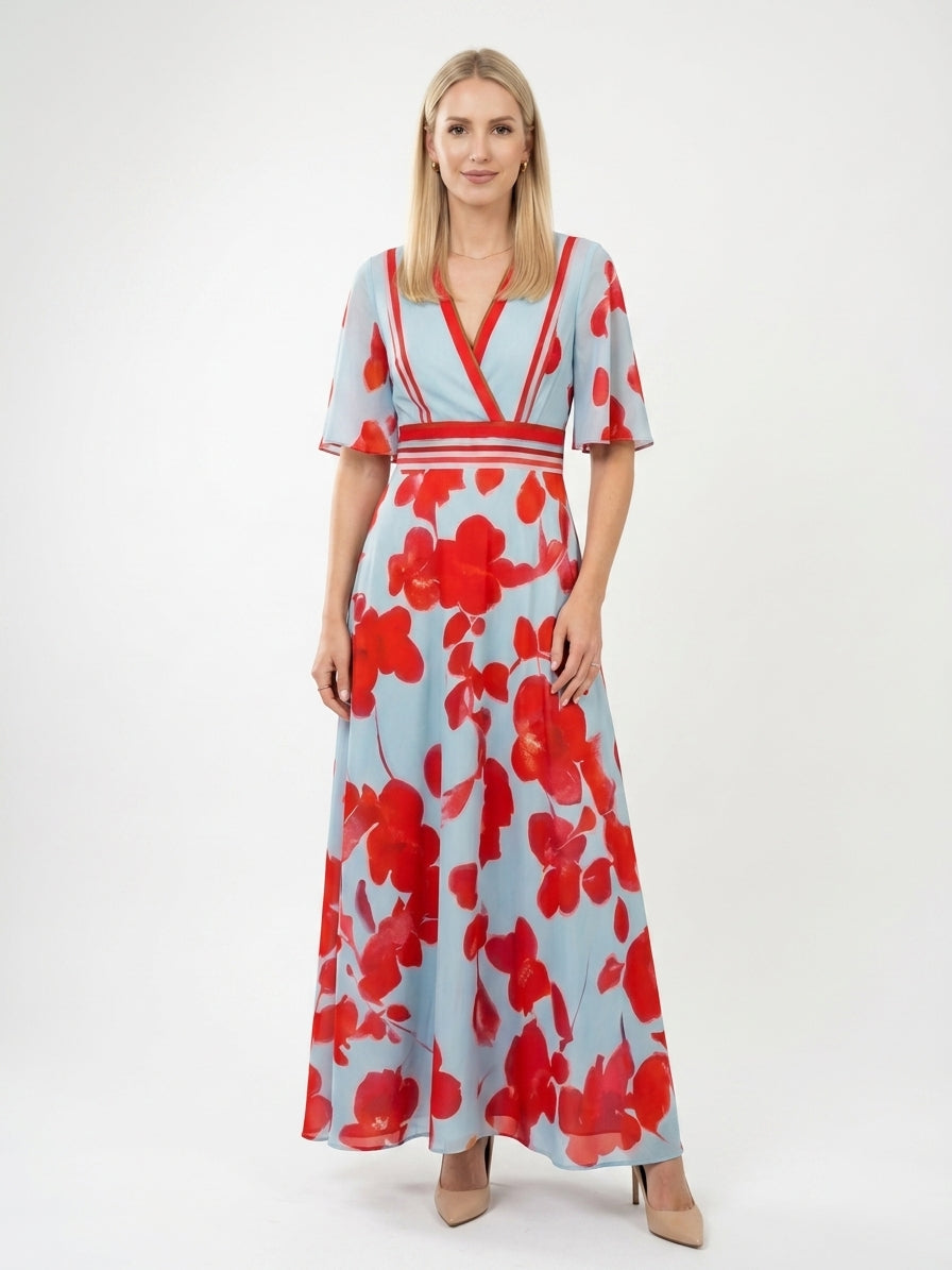 Zayé Women's Bold Floral Maxi Dress | Wrap V-Neck Flutter Sleeve Striped Contrast Waistband