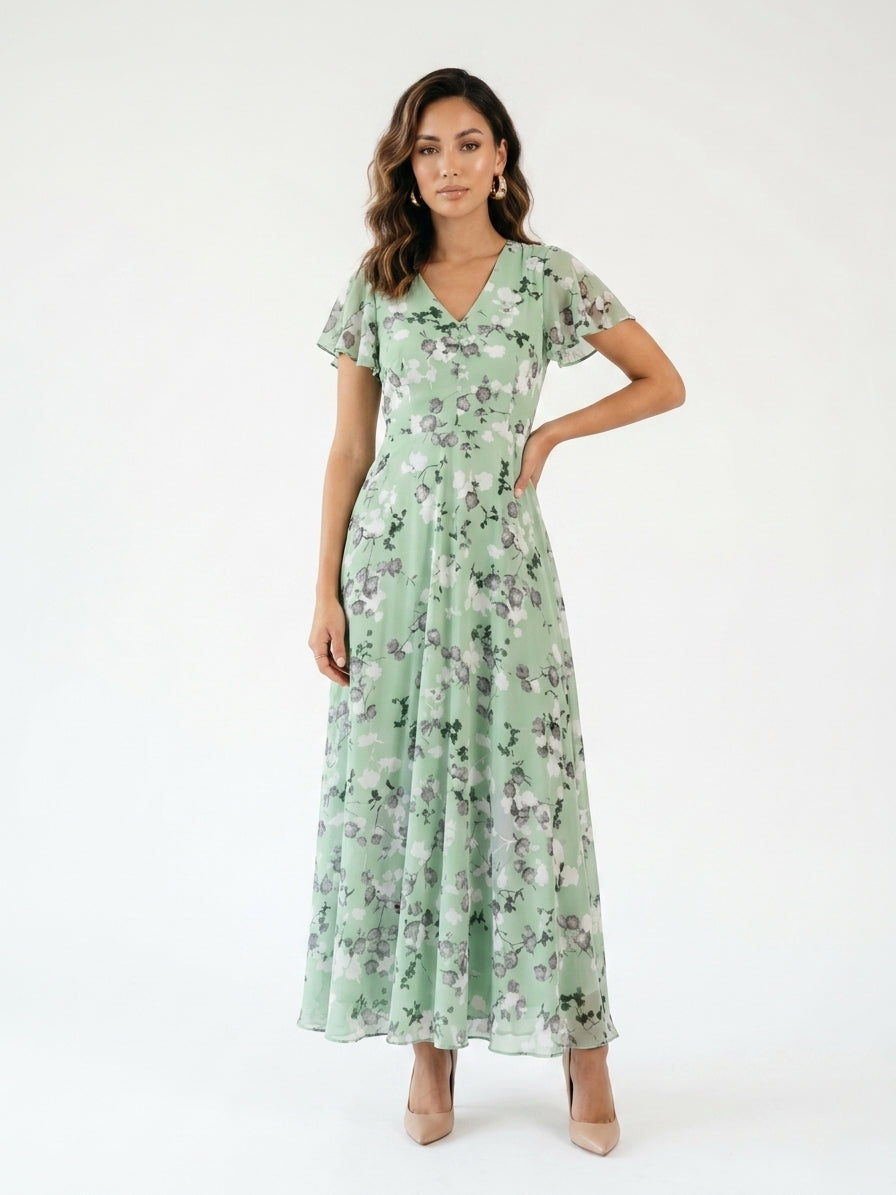 Zayé Women's Vintage Floral Chiffon Maxi Dress | V-Neck Flutter Sleeve Full A-Line Skirt