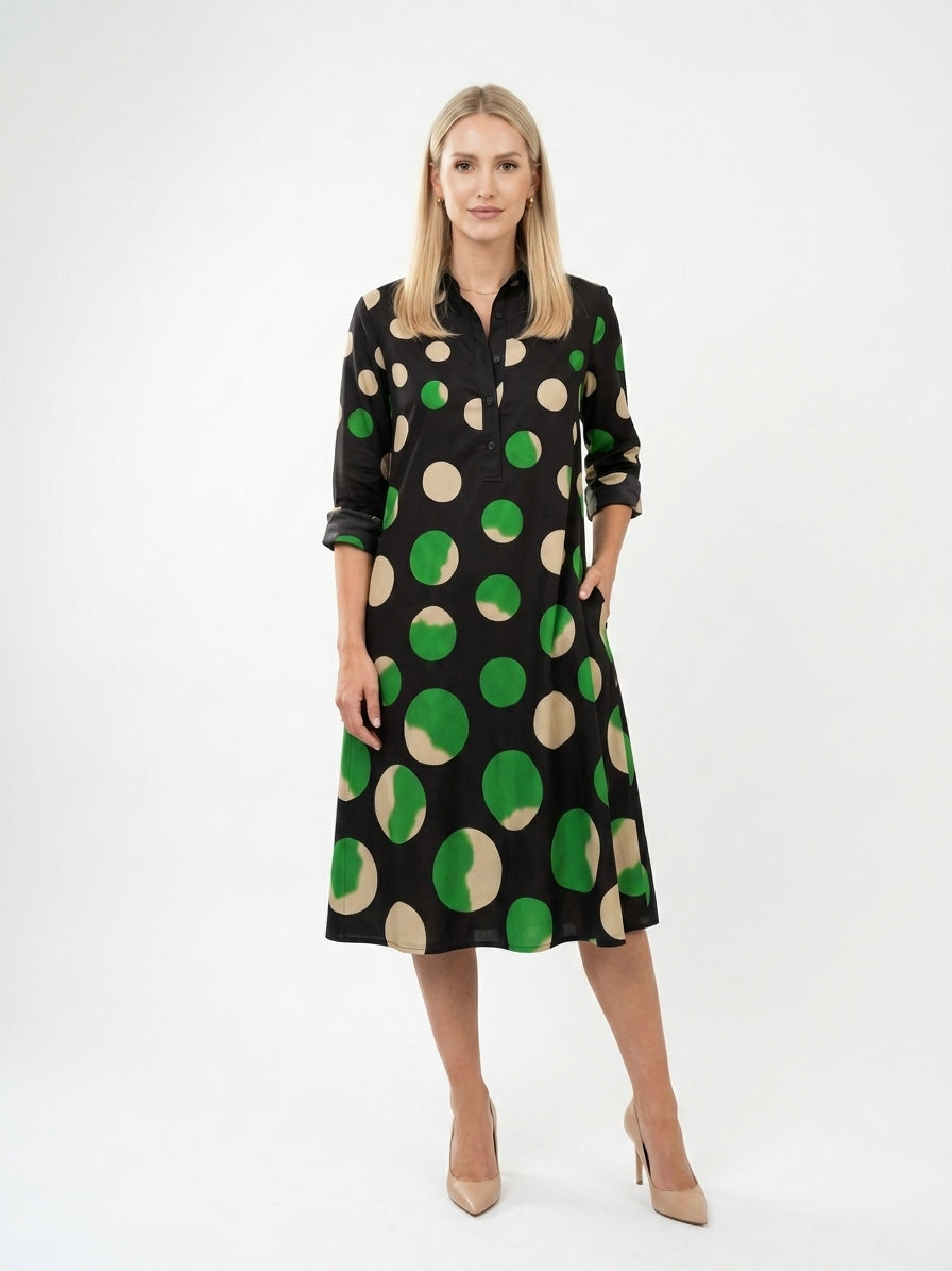 Zayé Women's Oversized Polka Dot Shirt Dress | Point Collar Three Quarter Sleeve A-Line