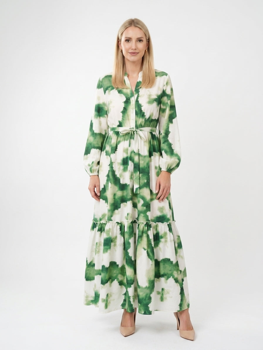 Zayé Women's Watercolour Print Maxi Dress | Split Neck Bishop Sleeve Tie Waist Tiered Skirt