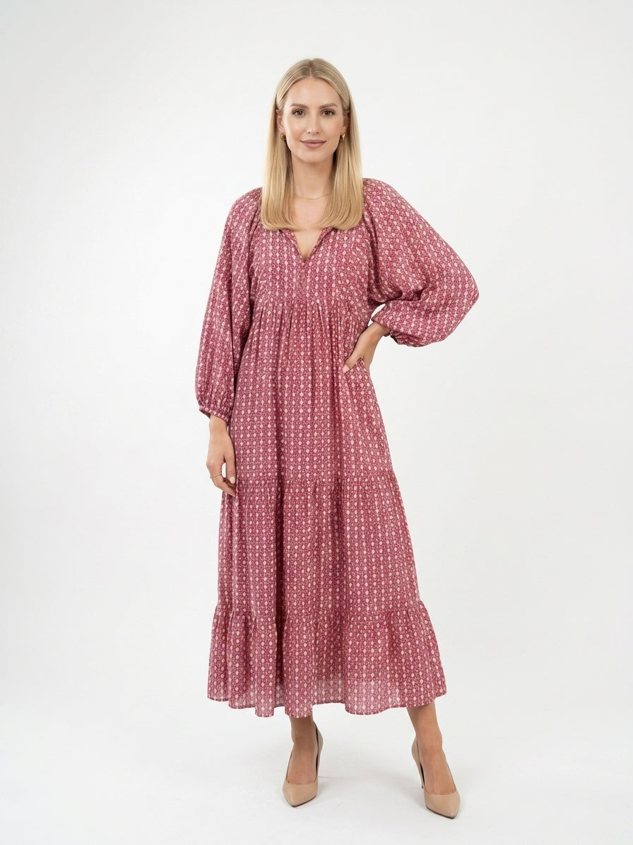 Zayé Women's Block Print Midi Dress | V-Neck Bishop Sleeve Tiered Skirt | Dusty Pink