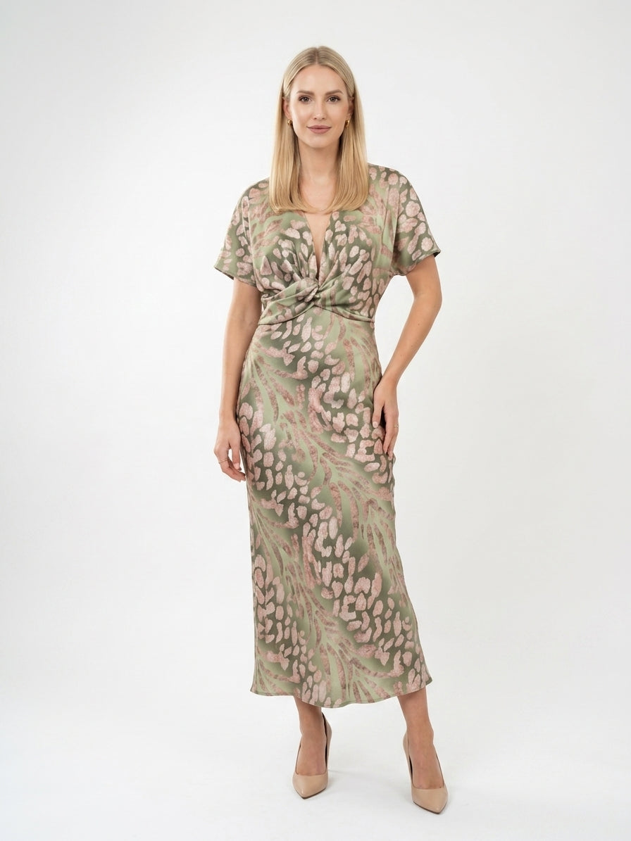 Zayé Women's Satin Abstract Print Maxi Dress | Deep V-Neck Twist Waist Kimono Sleeve | Sage Green