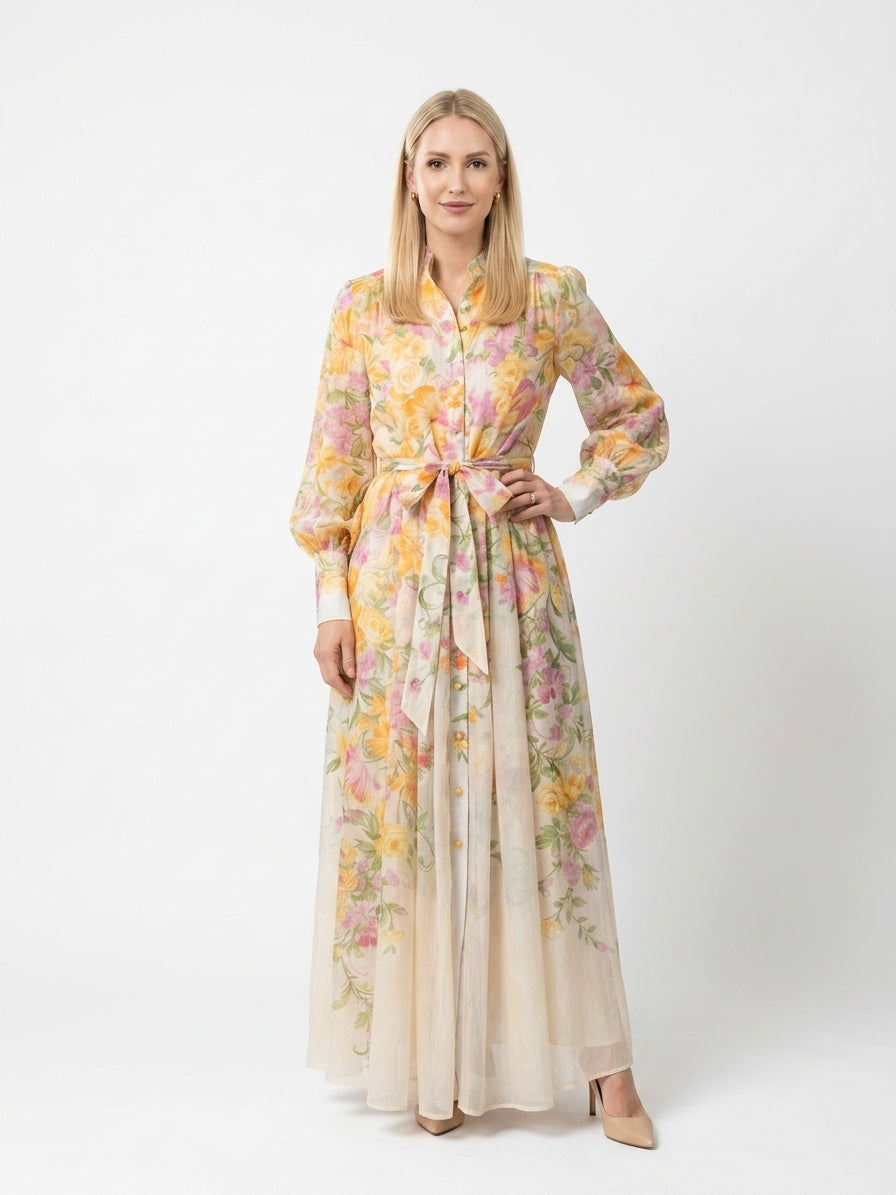 Zayé Women's Border Floral Sheer Maxi Dress | Band Collar Bishop Sleeve Tie Waist Button Front