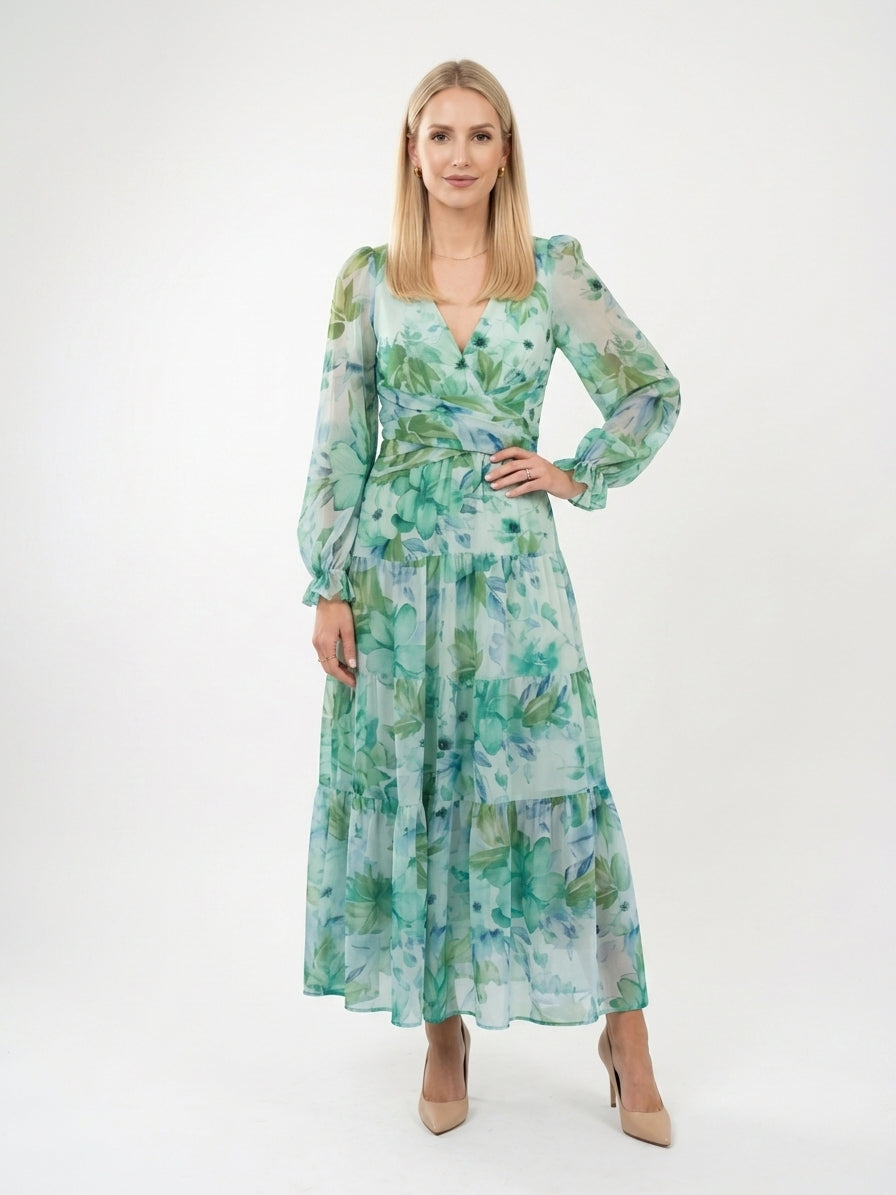 Zayé Women's Watercolour Floral Chiffon Maxi Dress | Wrap V-Neck Bishop Sleeve Tiered Skirt