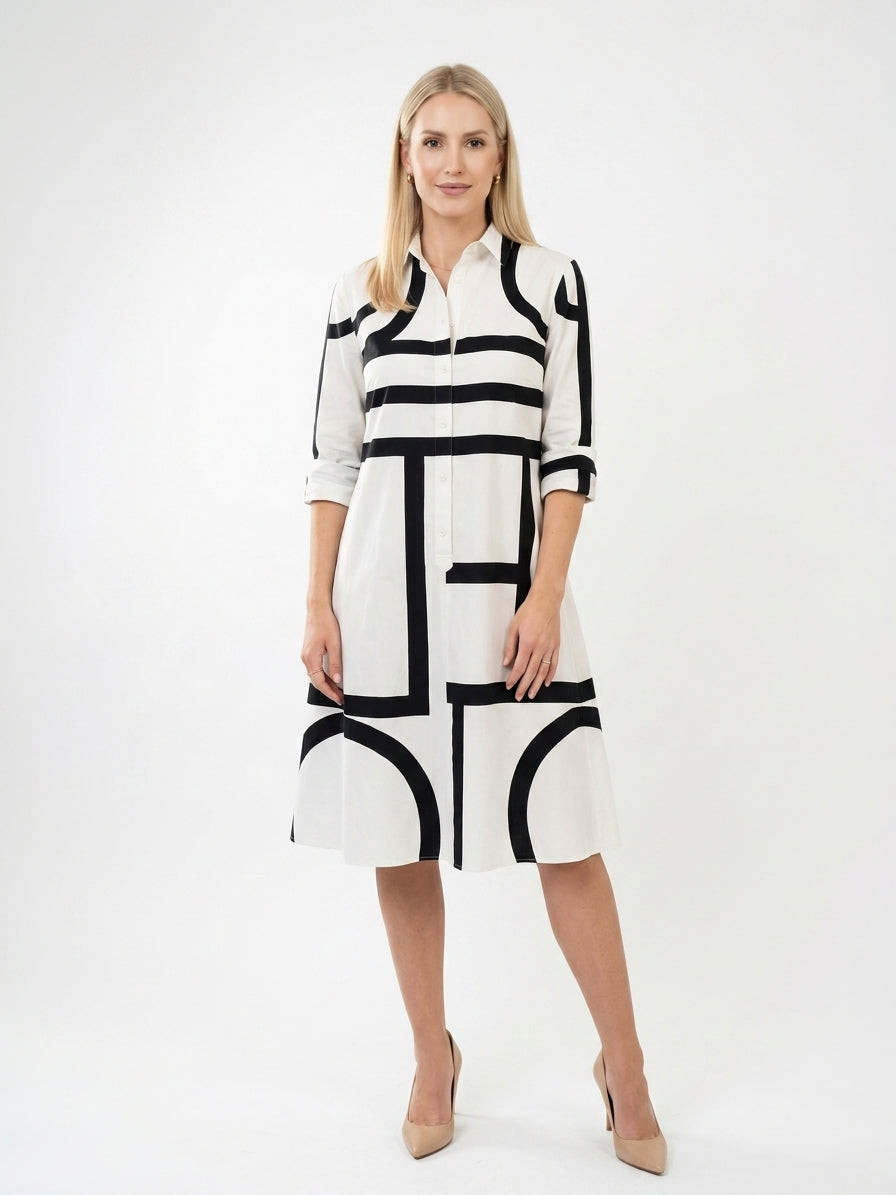 Zayé Women's Architectural Print Shirt Dress | Point Collar Full Button Front Three Quarter Sleeve