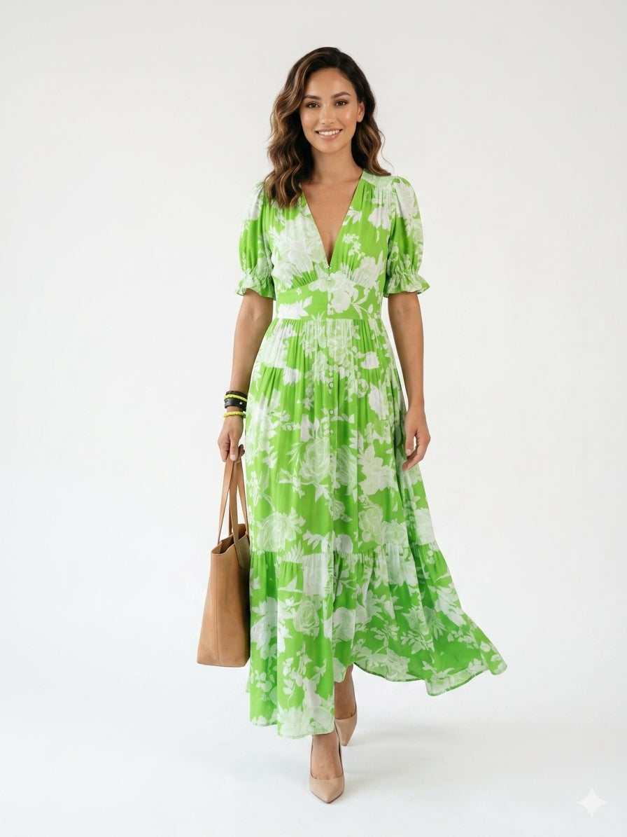 Zayé Women's Floral Midi Dress | V-Neck Short Flutter Sleeve Gathered Waist