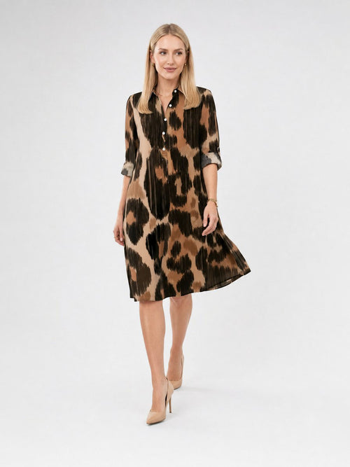 Zayé Women's Abstract Leopard Print Shirt Dress | Point Collar Three Quarter Sleeve Relaxed Fit