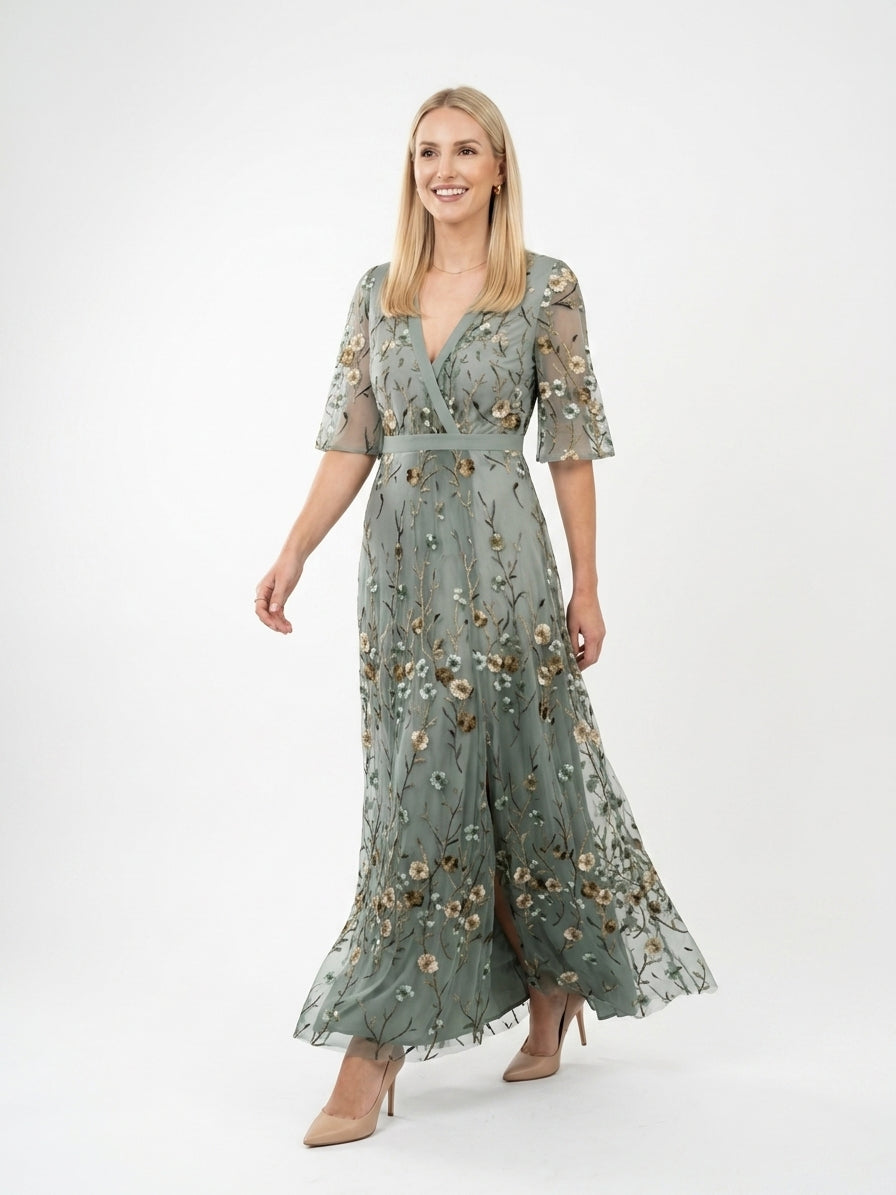 Zayé Women's Embroidered Mesh Maxi Dress | Wrap V-Neck Cape Sleeve Ribbon Belt A-Line Skirt