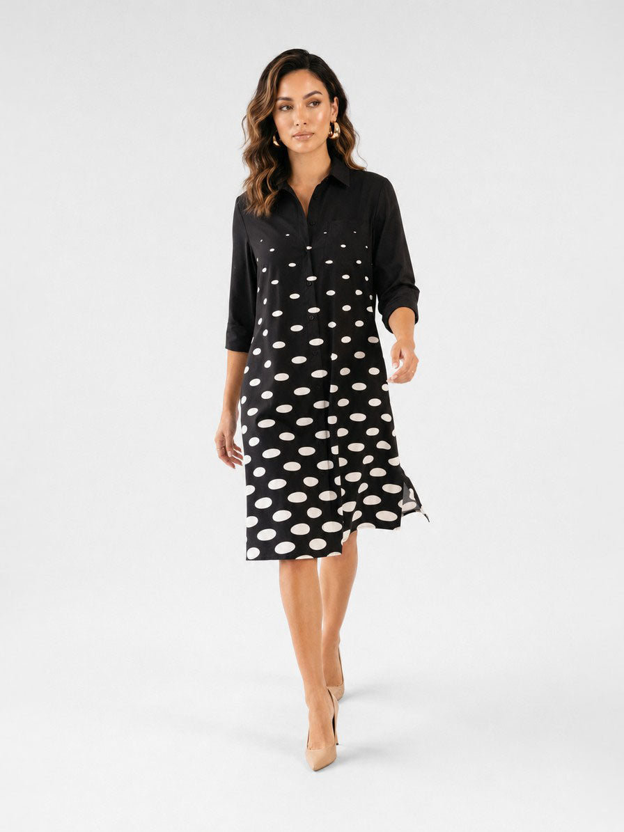 Zayé Women's Graduating Oval Dot Shirt Dress | Point Collar Three Quarter Sleeve Relaxed A-Line