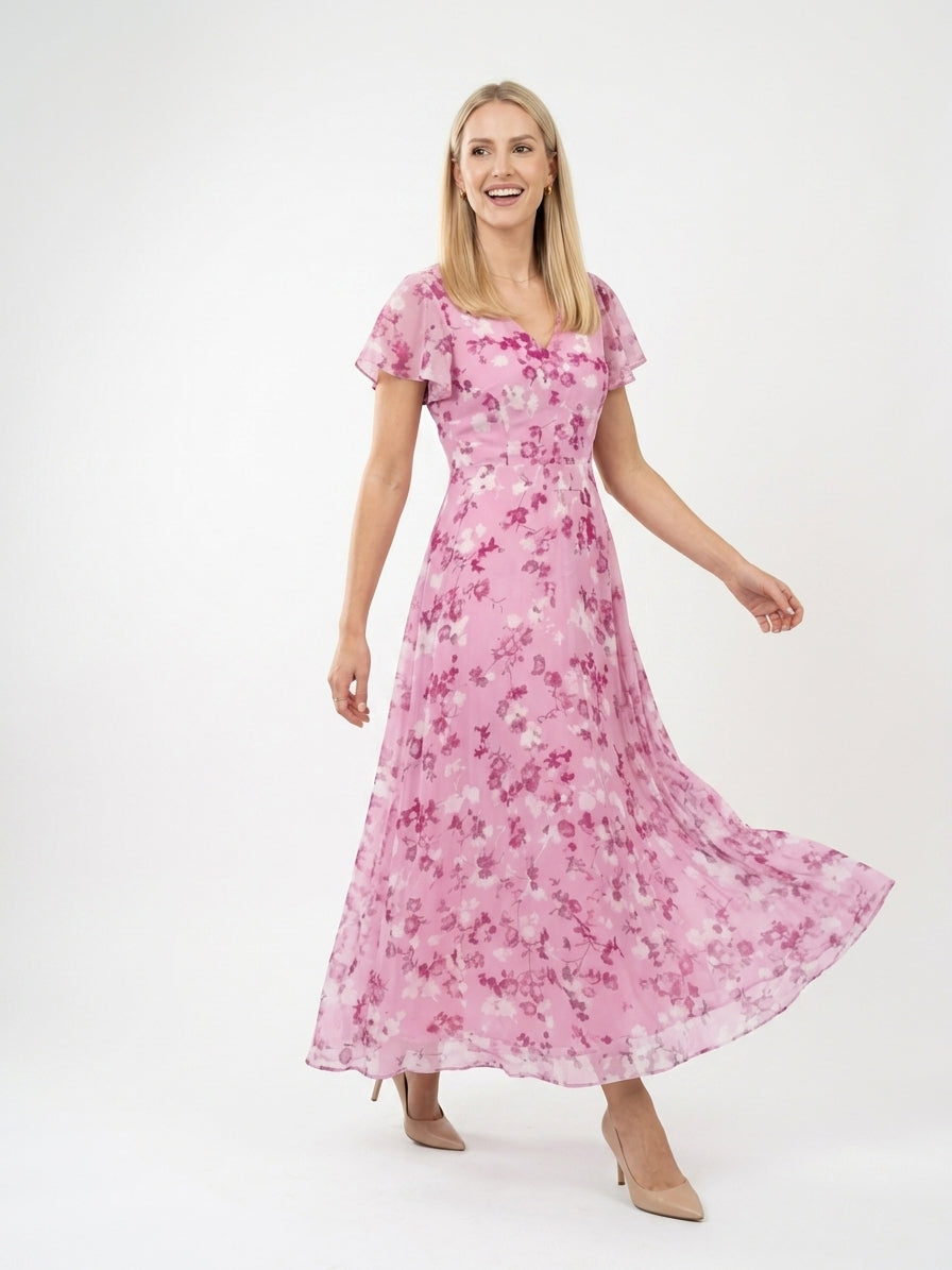 Zayé Women's Vintage Floral Chiffon Maxi Dress | V-Neck Flutter Sleeve Full A-Line Skirt