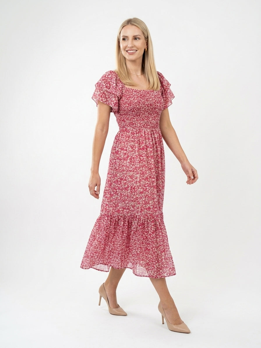 Zayé Women's Ditsy Floral Midi Dress | Square Neck Smocked Bodice Flutter Sleeve