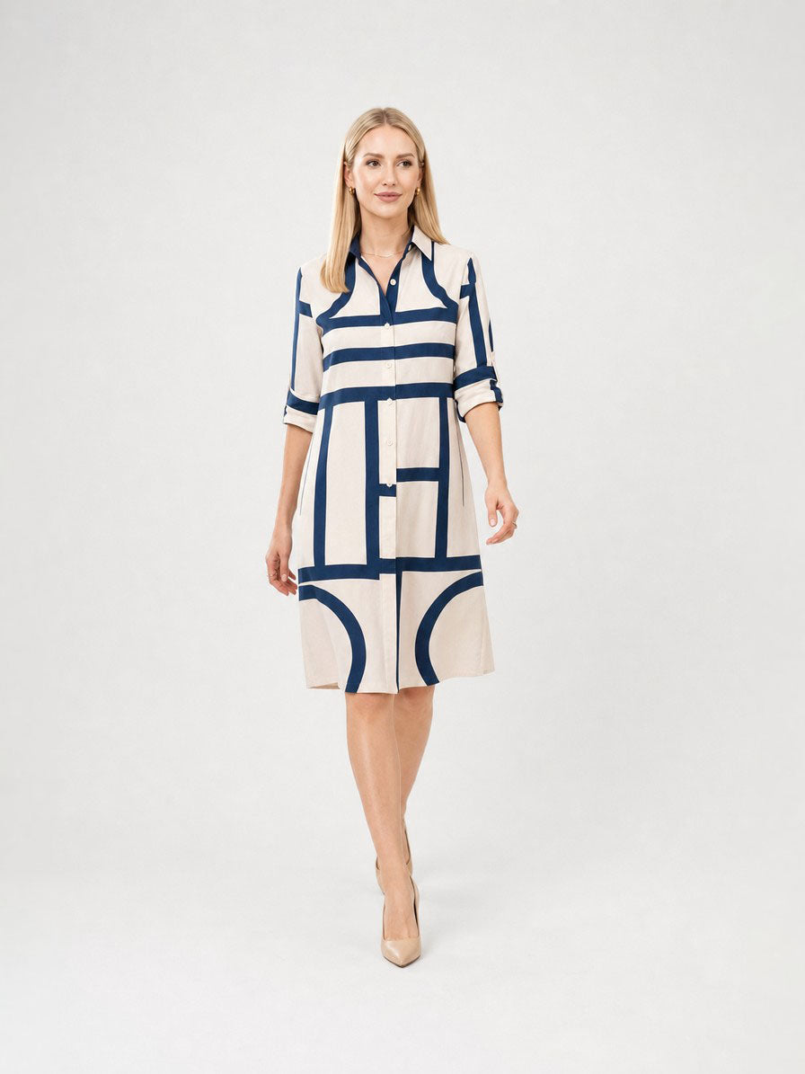 Zayé Women's Arch Geometric Print Shirt Dress | Full Button Front Point Collar Three Quarter Sleeve