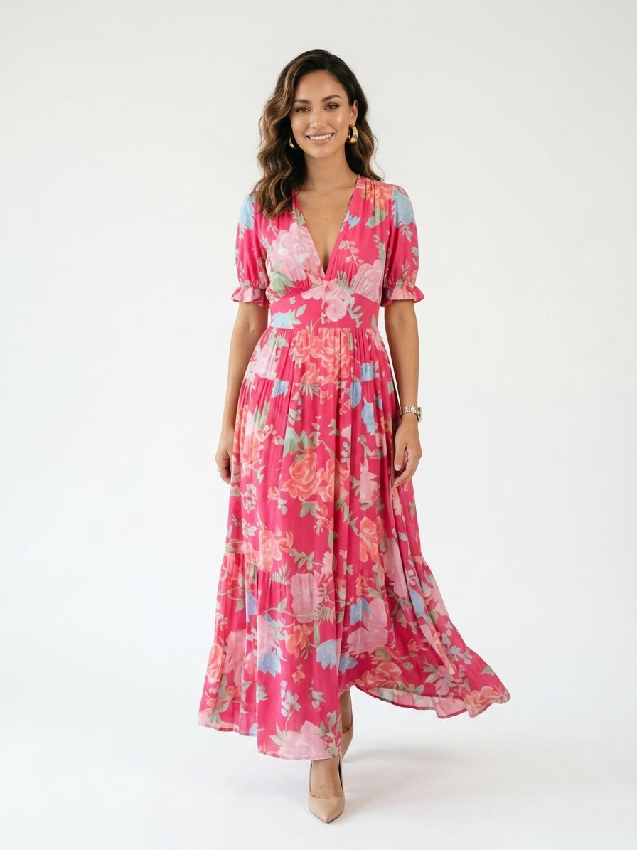 Zayé Women's Floral Midi Dress | V-Neck Short Flutter Sleeve Gathered Waist