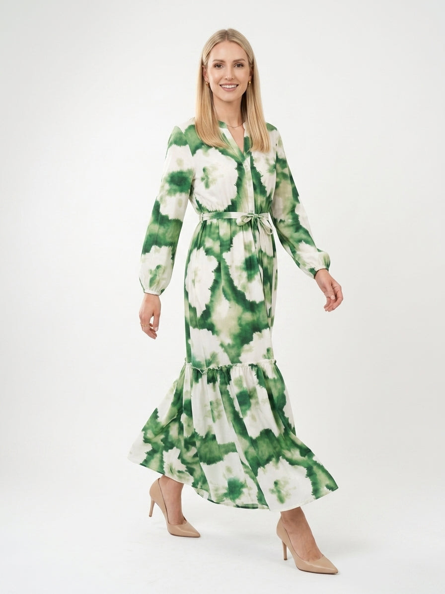 Zayé Women's Watercolour Print Maxi Dress | Split Neck Bishop Sleeve Tie Waist Tiered Skirt