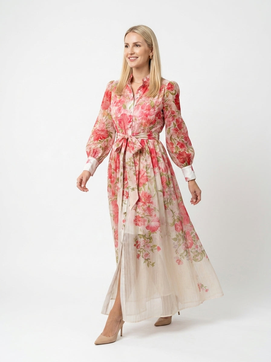 Zayé Women's Border Floral Sheer Maxi Dress | Band Collar Bishop Sleeve Tie Waist Button Front