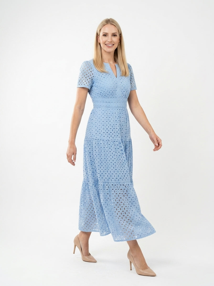 Zayé Women's Eyelet Midi Dress | V-Neck Short Sleeve Smocked Waist Tiered Skirt