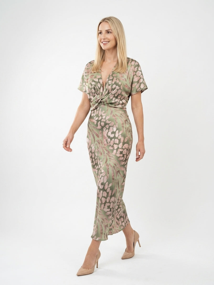 Zayé Women's Satin Abstract Print Maxi Dress | Deep V-Neck Twist Waist Kimono Sleeve | Sage Green
