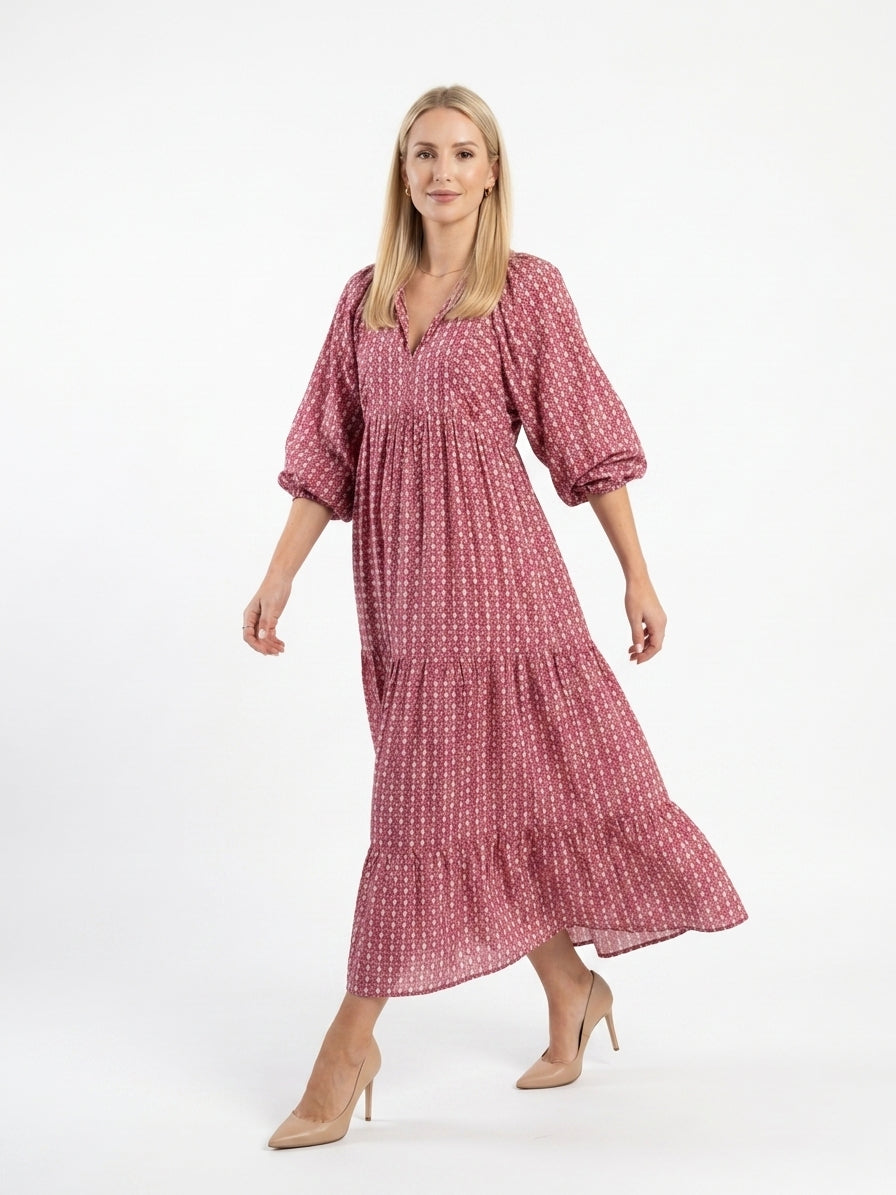 Zayé Women's Block Print Midi Dress | V-Neck Bishop Sleeve Tiered Skirt | Dusty Pink