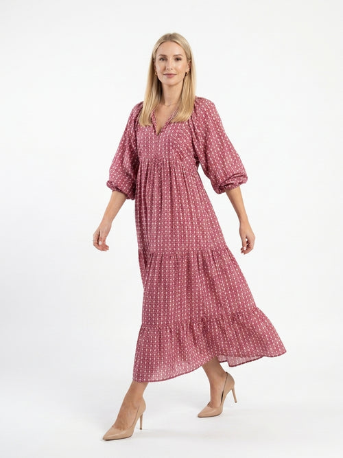 Zayé Women's Block Print Midi Dress | V-Neck Bishop Sleeve Tiered Skirt | Dusty Pink