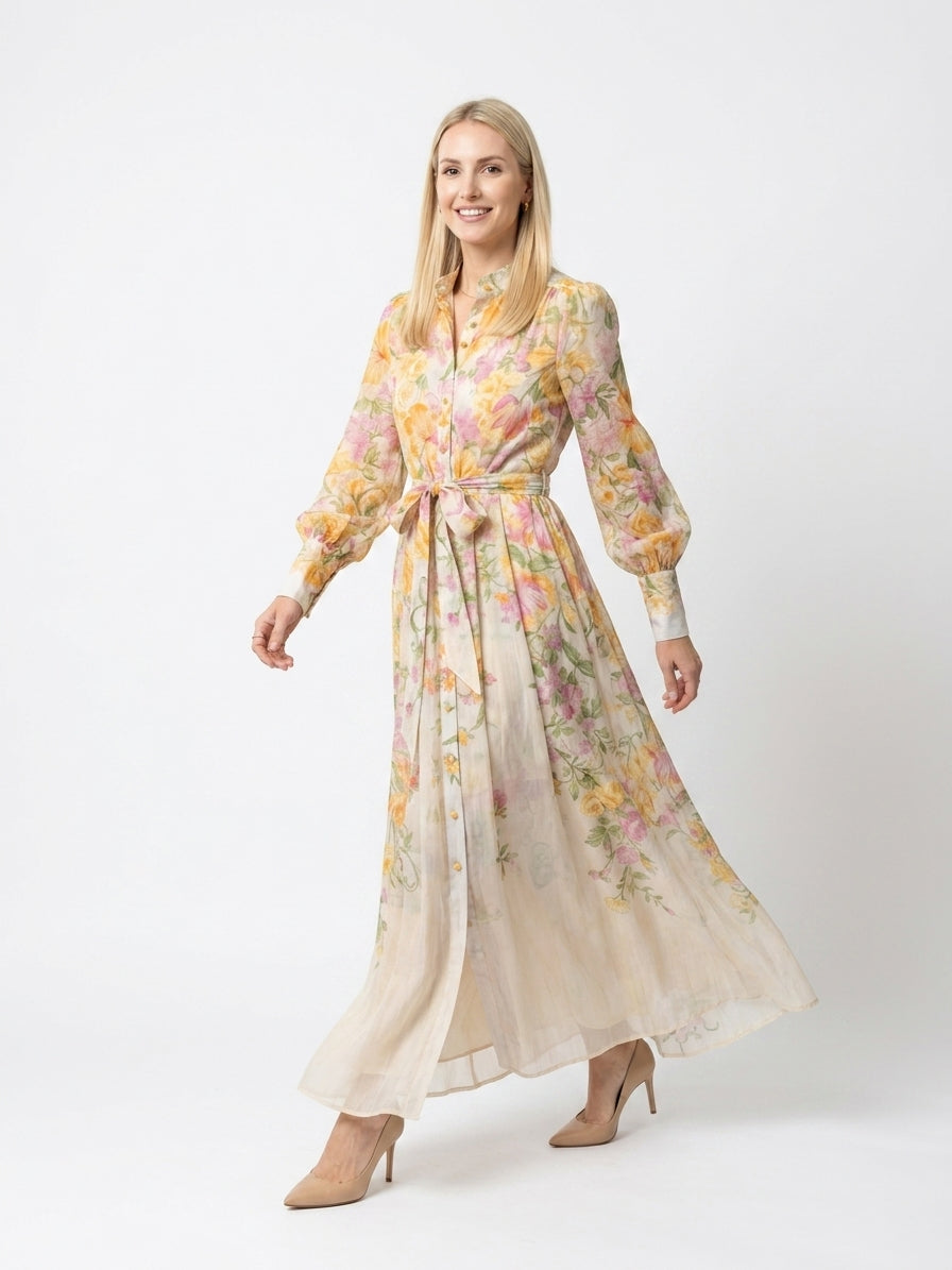 Zayé Women's Border Floral Sheer Maxi Dress | Band Collar Bishop Sleeve Tie Waist Button Front