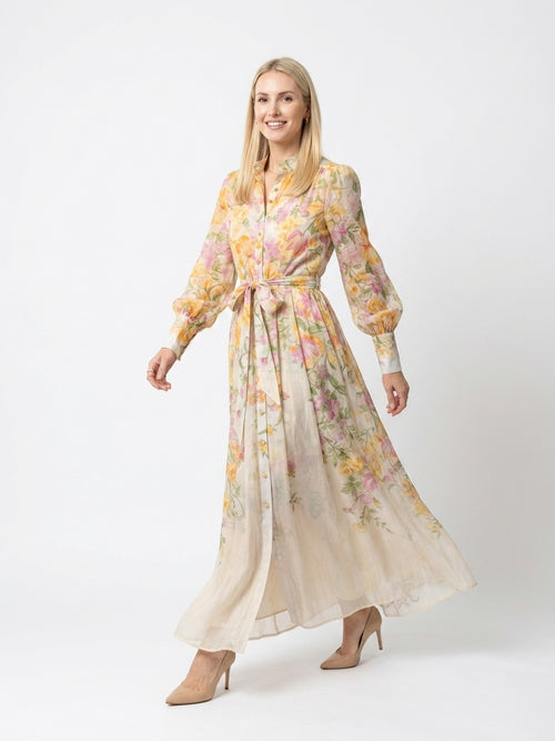 Zayé Women's Border Floral Sheer Maxi Dress | Band Collar Bishop Sleeve Tie Waist Button Front
