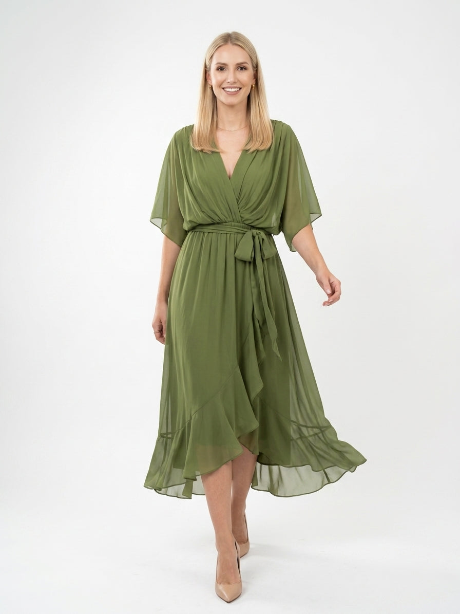 Zayé Women's Chiffon Midi Dress | Deep V-Neck Angel Sleeve Tie Waist Handkerchief Hem