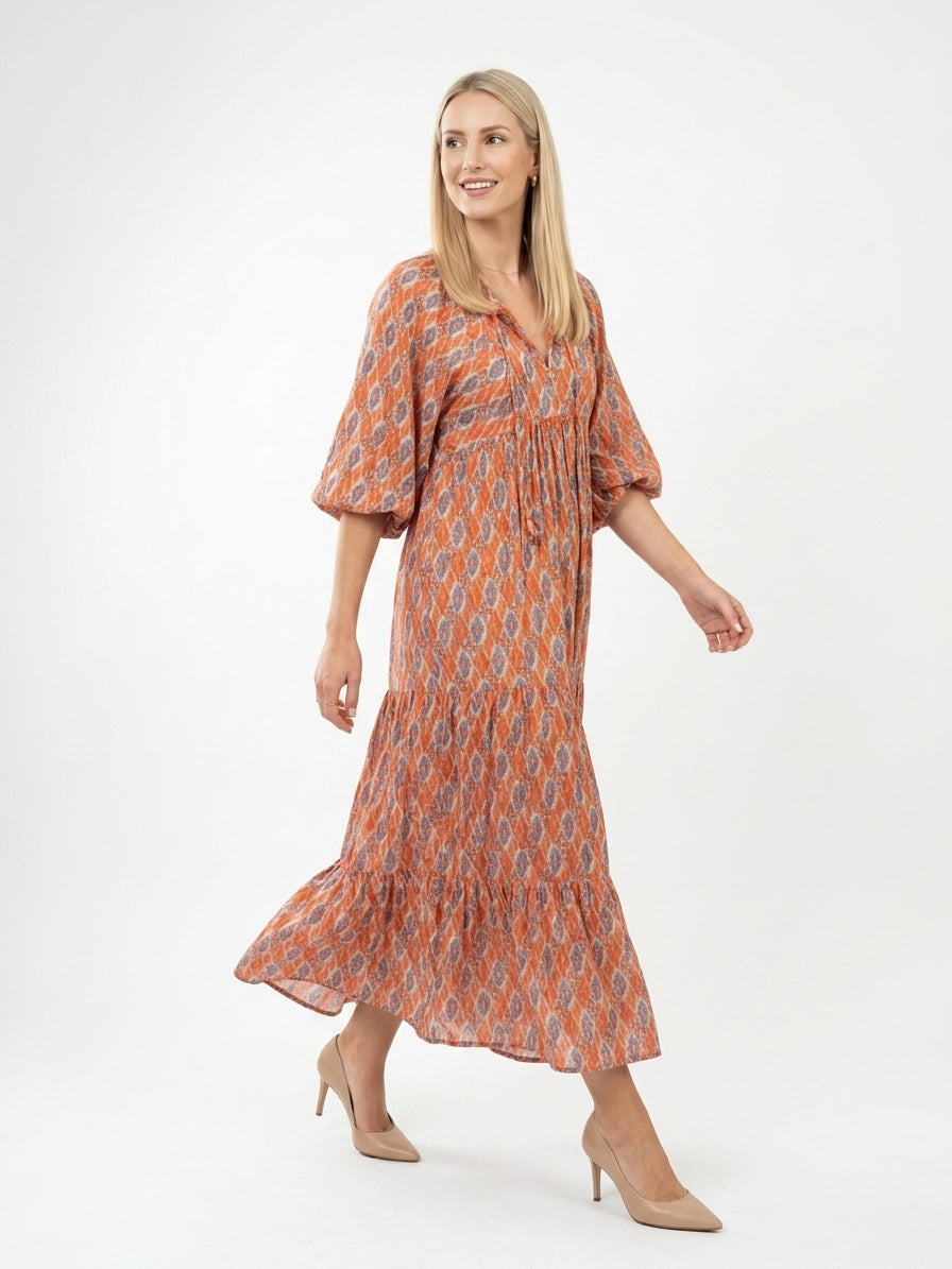 Zayé Women's Paisley Print Midi Dress | V-Neck Balloon Sleeve Tiered Skirt | Burnt Orange