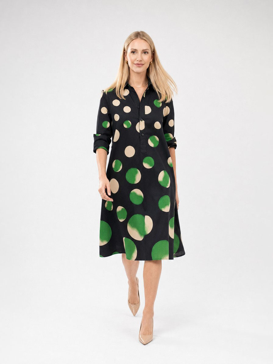 Zayé Women's Two-Tone Polka Dot Shirt Dress | Point Collar Three Quarter Sleeve Breast Pocket